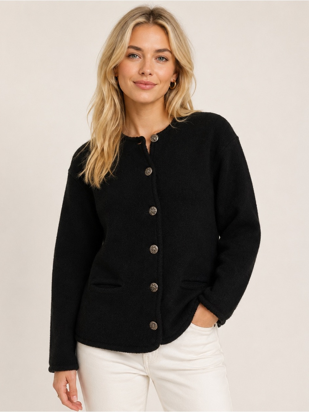 Vintage Tally Ho Black 100% Wool Button-Front Knit Cardigan Sweater Size Medium